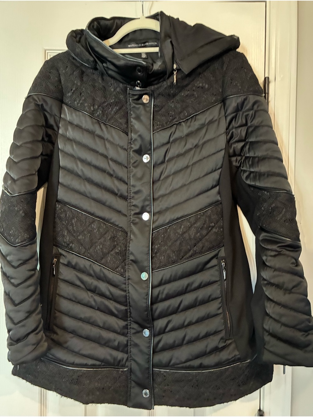 White House Black Market Black Quilted Hooded Puffer Jacket Lace Details M